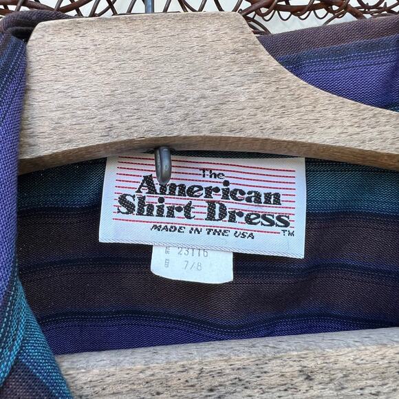 Vintage 80s American Shirt Dress striped V chevron blue gray - Picture 3 of 6